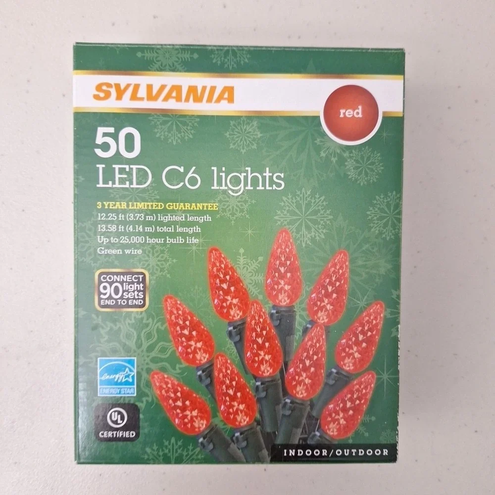 Sylvania 50 Red LED Lights C6 Steady Lit Indoor/Outdoor NEW